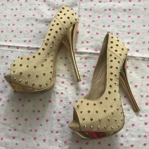 Cream suede heels with GOLD studs